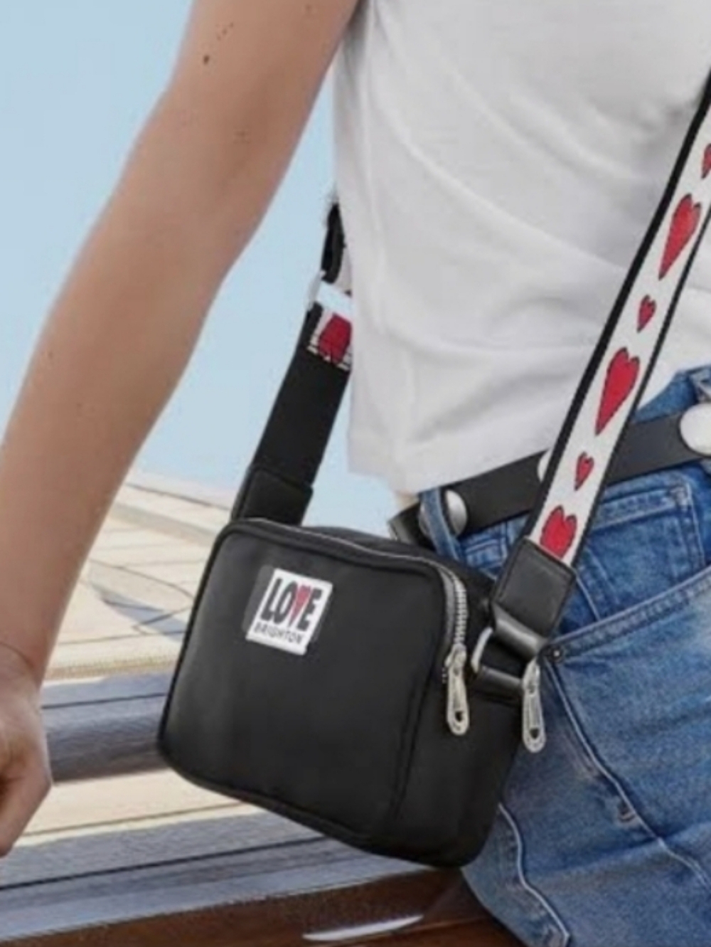 Brighton Love Bag Black & Red Crossbody Hearts Guitar Strap